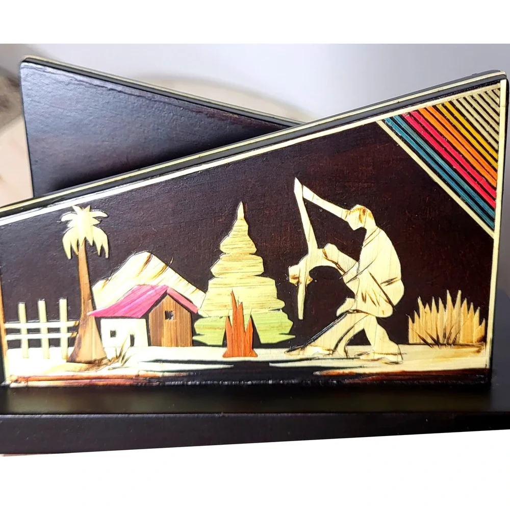 Vintage Cali Colombia Straw Art Napkin Holder Handmade Wood Marquetry Souvenir